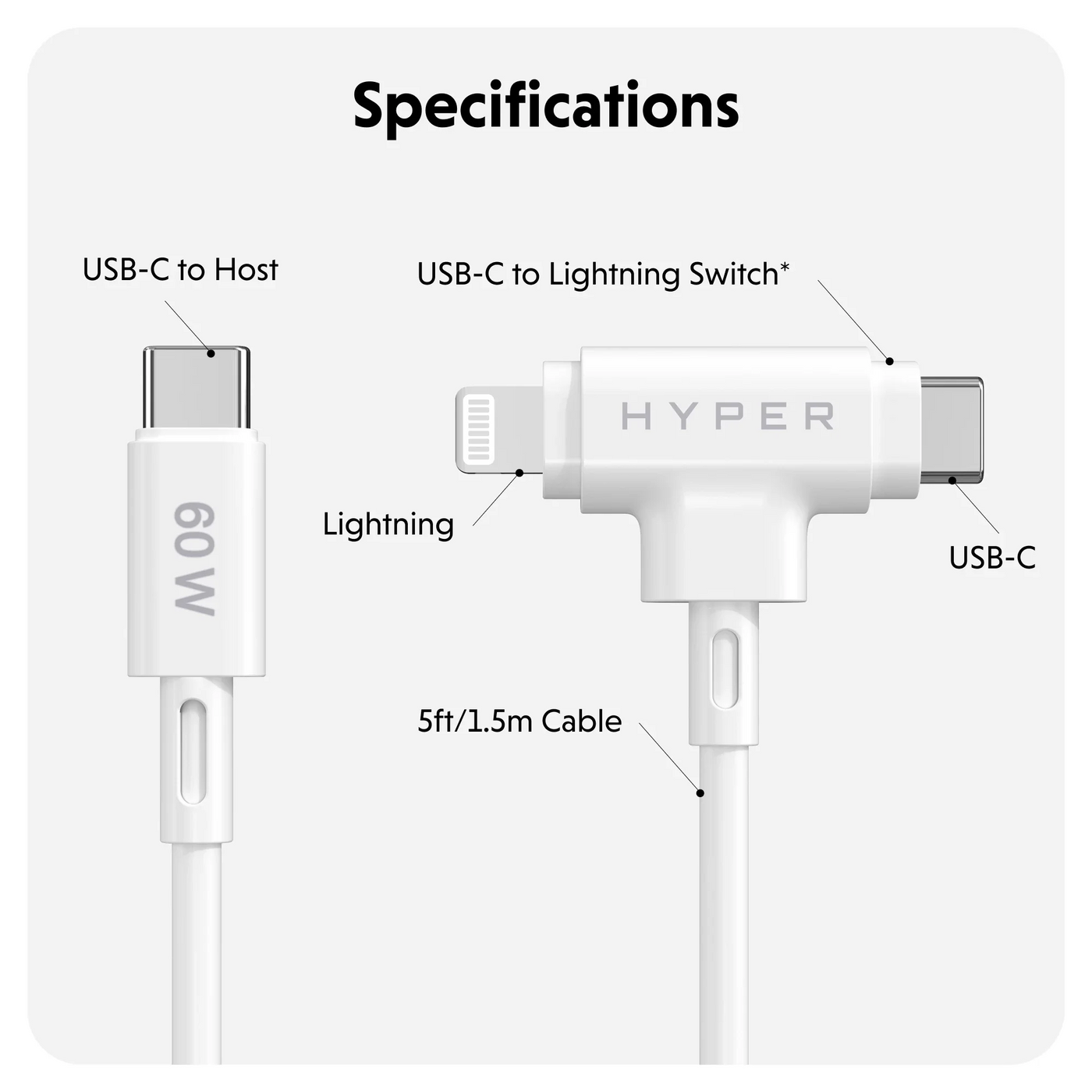 HyperJuice USB-C and Lightning Hybrid Silicone Cable (1.5m/5ft)